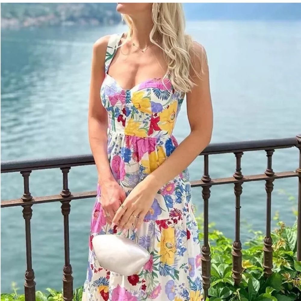 ZARA Cotton Floral Tiered printed Midi Dress Sz L